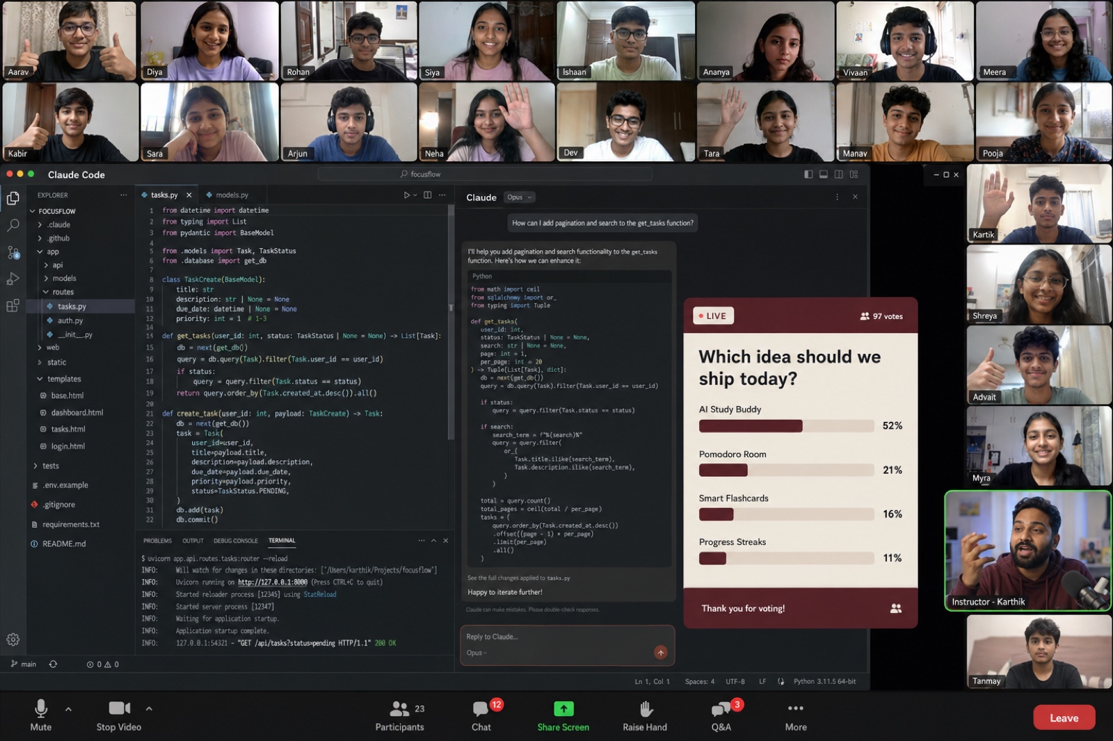A live AI/SHIP cohort on a video call — students, the instructor, and Claude Code shared on screen with a live poll running
